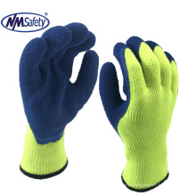 NMSAFETY 7 gauge knitted Hi-Viz nappy acrylic liner gloves coated blue crinkle latex gloves working safety gloves